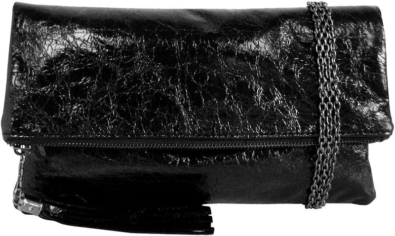 JNB Women's Cracked Metallic Fabric Foldover Clutch with Tassel - Image 1